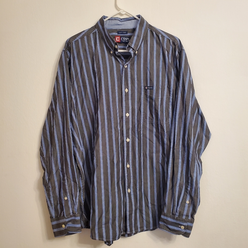 CHAPS Easy Care Men's Blue & gray Striped Long Sleeve Button Down Shirt XL